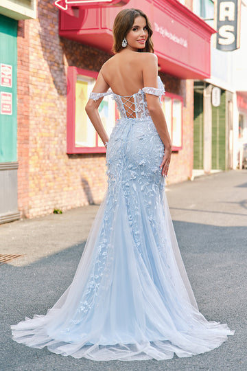 Mermaid Appliqued Off the Shoulder Corset Blue Prom Dress